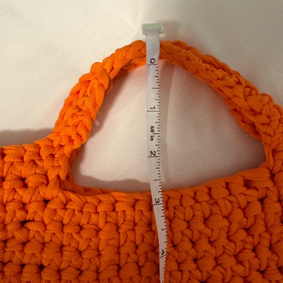 New Handwoven Crochet One of a Kind Orange and Coral Colorblock Tote Bag. - Picture 7 of 7